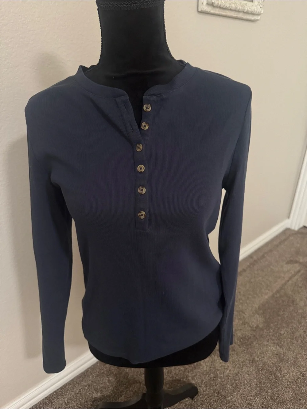 Ann Taylor Factory Navy Button-Front Ribbed Henley Top